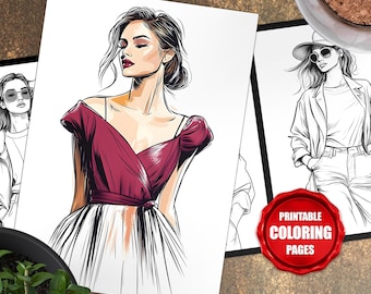 Páginas para colorear de moda, conjunto de 5 ilustraciones de moda para imprimir, libro para colorear para adultos y niños, descarga digital instantánea 00013