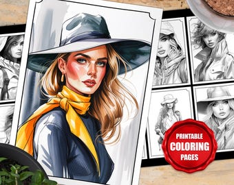 Páginas para colorear de moda: Mujeres con estilo y abrigos / Arte lineal de moda para adultos / Hojas para colorear imprimibles / Descarga digital # 00039