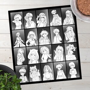 Puede incluir: Una p&aacute;gina para colorear en blanco y negro con 20 personajes de anime diferentes. Cada personaje est&aacute; en un cuadrado separado y tiene una pose y una expresi&oacute;n &uacute;nicas.