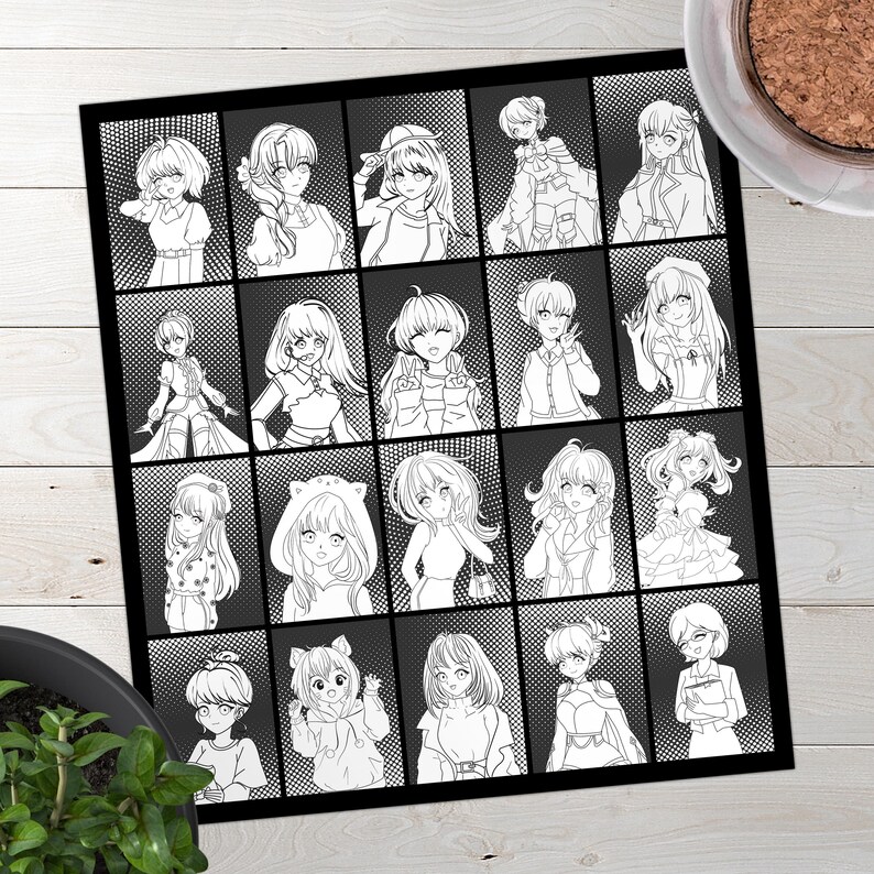 Puede incluir: Una p&aacute;gina para colorear en blanco y negro con 20 personajes de anime diferentes. Cada personaje est&aacute; en un cuadrado separado y tiene una pose y una expresi&oacute;n &uacute;nicas.