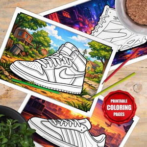 May include: Printable colouring pages with detailed line drawings of trainers. The pages show images of high-top and low-top athletic shoes, set against colourful backgrounds. A red seal reads "Printable Colouring Pages."