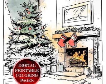 Páginas para colorear navideñas, libro para colorear vintage navideño, escenas navideñas ilustradas a mano, arte navideño imprimible (12 unidades) - 00054