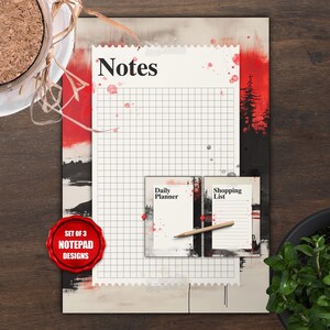 Puede incluir: Un conjunto de tres diseños de blocs de notas con arte abstracto. El bloc de notas grande tiene un patrón de cuadrícula y la palabra "Notes". Los blocs de notas más pequeños están etiquetados como "Daily Planner" y "Shopping List". Un lápiz descansa sobre los blocs de notas más pequeños. El diseño incluye rojo, negro y blanco.