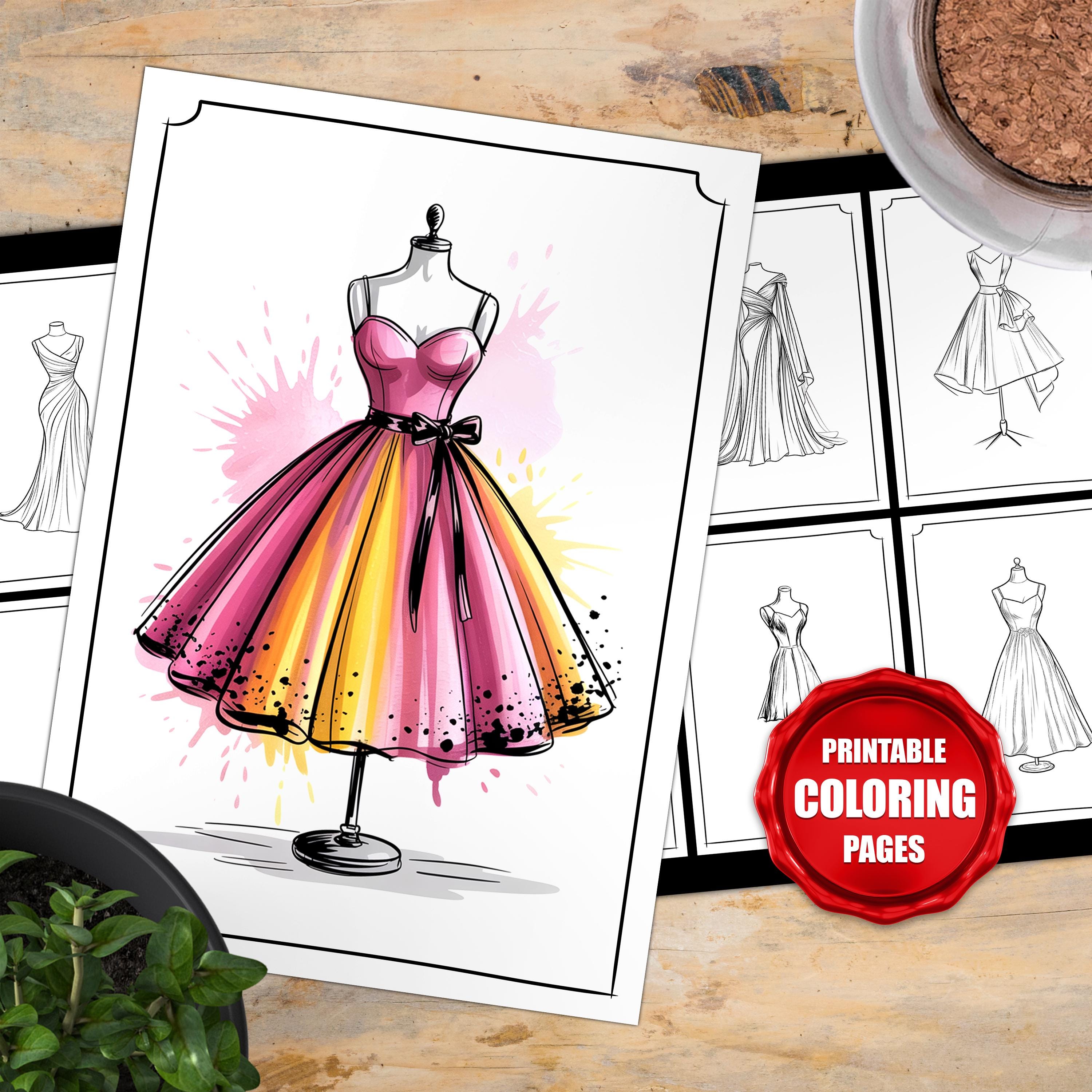 coloring dress design Elegant Dresses Coloring Pages – Digital Fashion Sketches Download Sett,  Printable Designs, Coloring Book, Instant Digital Download 00008