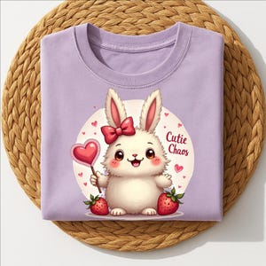 Kawaii Bunny PNG met strik en aardbeien, Labubu png, kawaii esthetisch T-shirt, schattige Labubu png, schattig konijntje Labubu sublimatieontwerpen