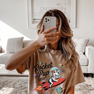 Retro Rocket Dog T-Shirt 1959 Sci-Fi Cartoon Astronaut Pup on Red Rocket, Personalized Pet Tee,  Bootleg Rap Dog Shirt, Custom Design Tshirt