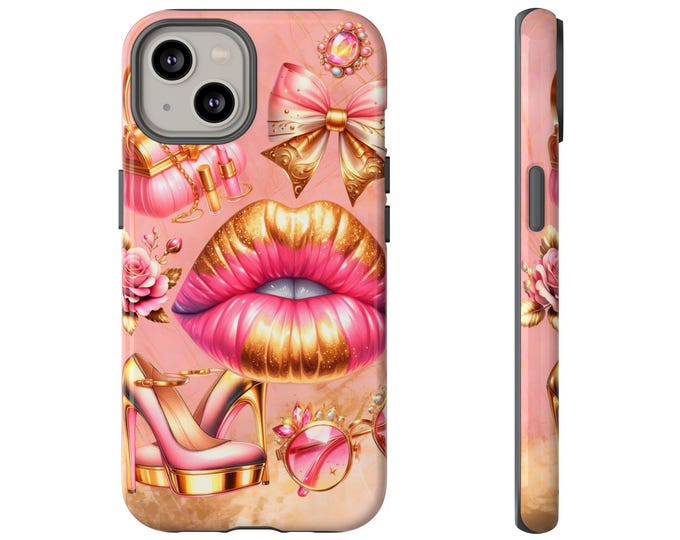Pink Glam Lips phone case | lipstick, heels, bows, perfume