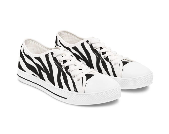 Black White Zebra Print Women's Low Top Sneakers | Animal Stripe Canvas Shoes