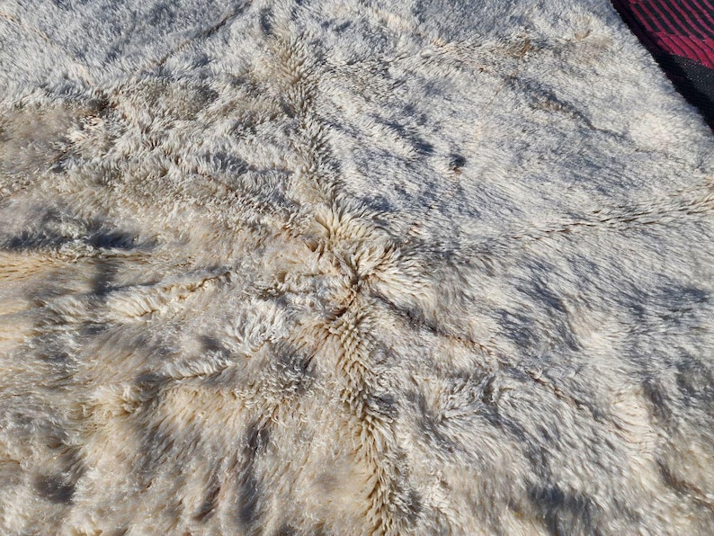 May include: Close-up of a textured, off-white rug with a shaggy, fur-like appearance. The rug has a mix of light and dark areas, with a central pattern of darker brown tones. The rug's texture suggests a soft, comfortable feel.