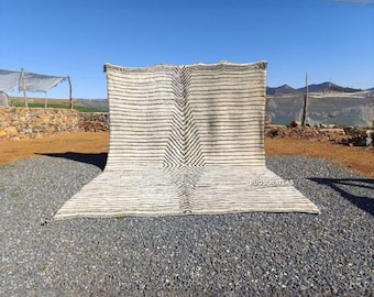 Handmade Beni Ourain Rug: Striped Berber Moroccan Carpet, Cream Wool