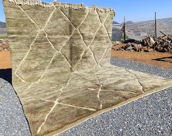 Handmade Olive Green Wool Rug: Checkered Moroccan Beni Mrirt Rug