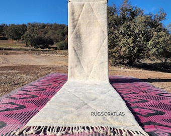 Handmade Beni Ourain Rug Runner: Moroccan Berber Cream Wool Carpet