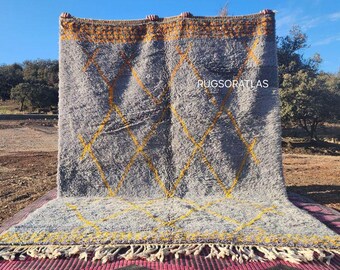 Handmade Wool Beni Ourain Rug: Blue Striped Moroccan Rug 8x10