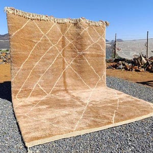 Moroccan Handmade  Wool Rug Terracotta Brown Stripes, High Knot Plush Beni Ourain, Authentic Berber Carpet for Cozy Living Room Decor