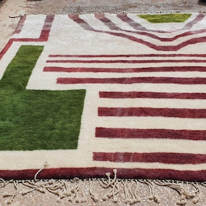 Handmade Berber Wool Rug: Green Moss & Striped Moroccan Rug