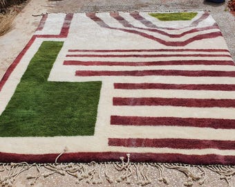 Handmade Berber Wool Rug: Green Moss & Striped Moroccan Rug