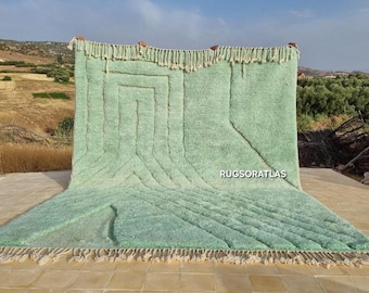 Green Striped Moroccan Rug 10x14: Handmade Wool Berber Rug