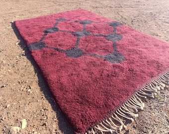 Hand Knotted Dark Red Moroccan Rug: Beni Ourain Wool Rug