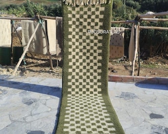Tapete marroquino de lã feito à mão: Tapete verde boho para corredor