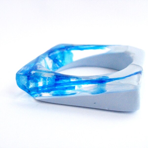 Square cut resin bangle bracelet jewelry  in olympic blue , ice white and pale powder blue , new year , abstract ice