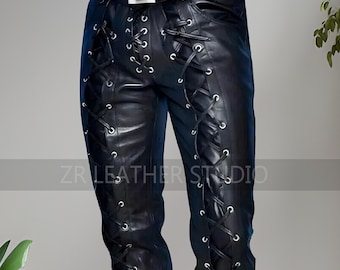 Herren Echtes Schwarz Leder Biker Hose Schnürhose Thema