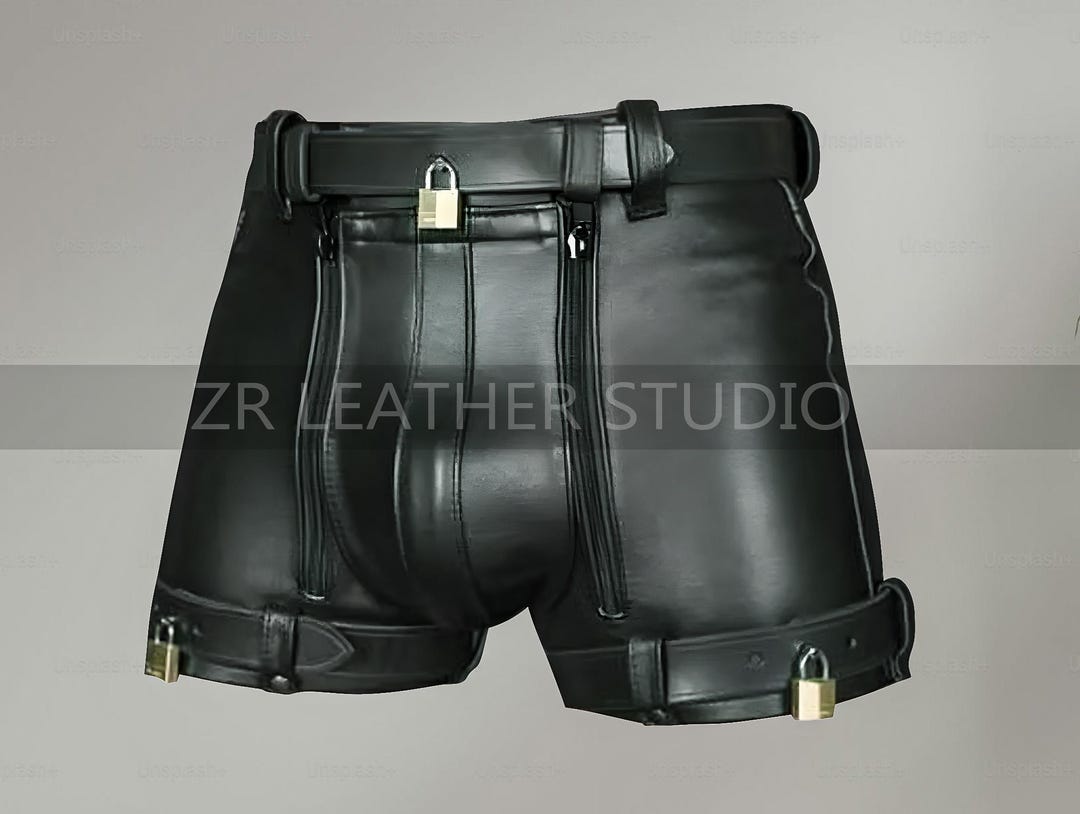 Mens Black Leather Chastity Bondage Shorts – Rear Zip with Locking Waist Strap - CS1- BLK