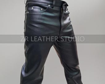 Männer schwarze Echtlederhose mit Reißverschluss 501 Style - Straight Fit Biker Rider Lederhose