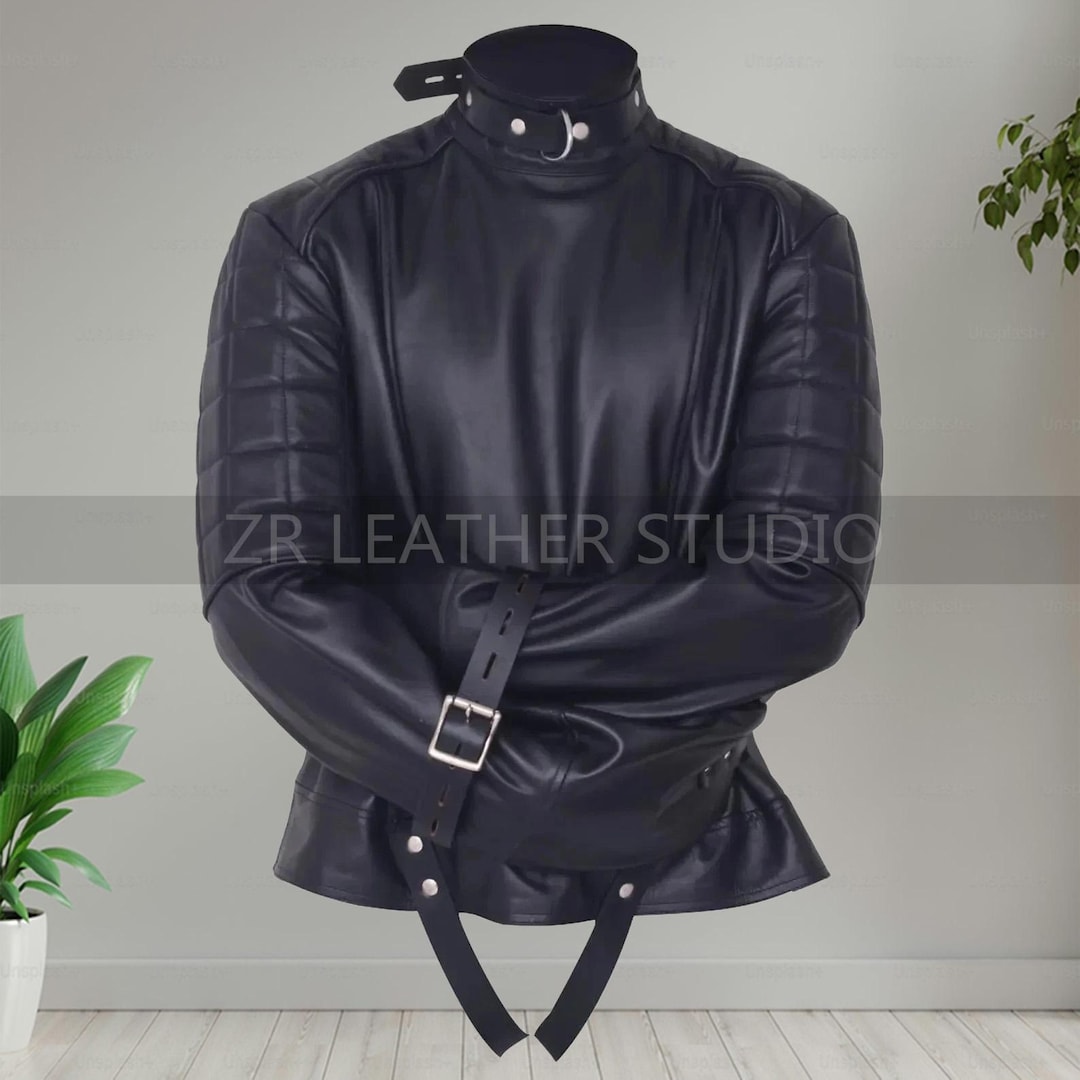 Restraint Jacket Real Black Leather Straight Jacket Heavy Duty Restraint Straitjacket ...