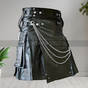 Men&#39;s Real Black Leather Scottish Kilts With Detachable Chain Warrior Traditional Kilts Utility Gothic Kilts LARP
