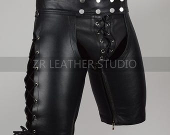 Men&#39;s Real Black Leather Clubwear Laced Chaps Shorts