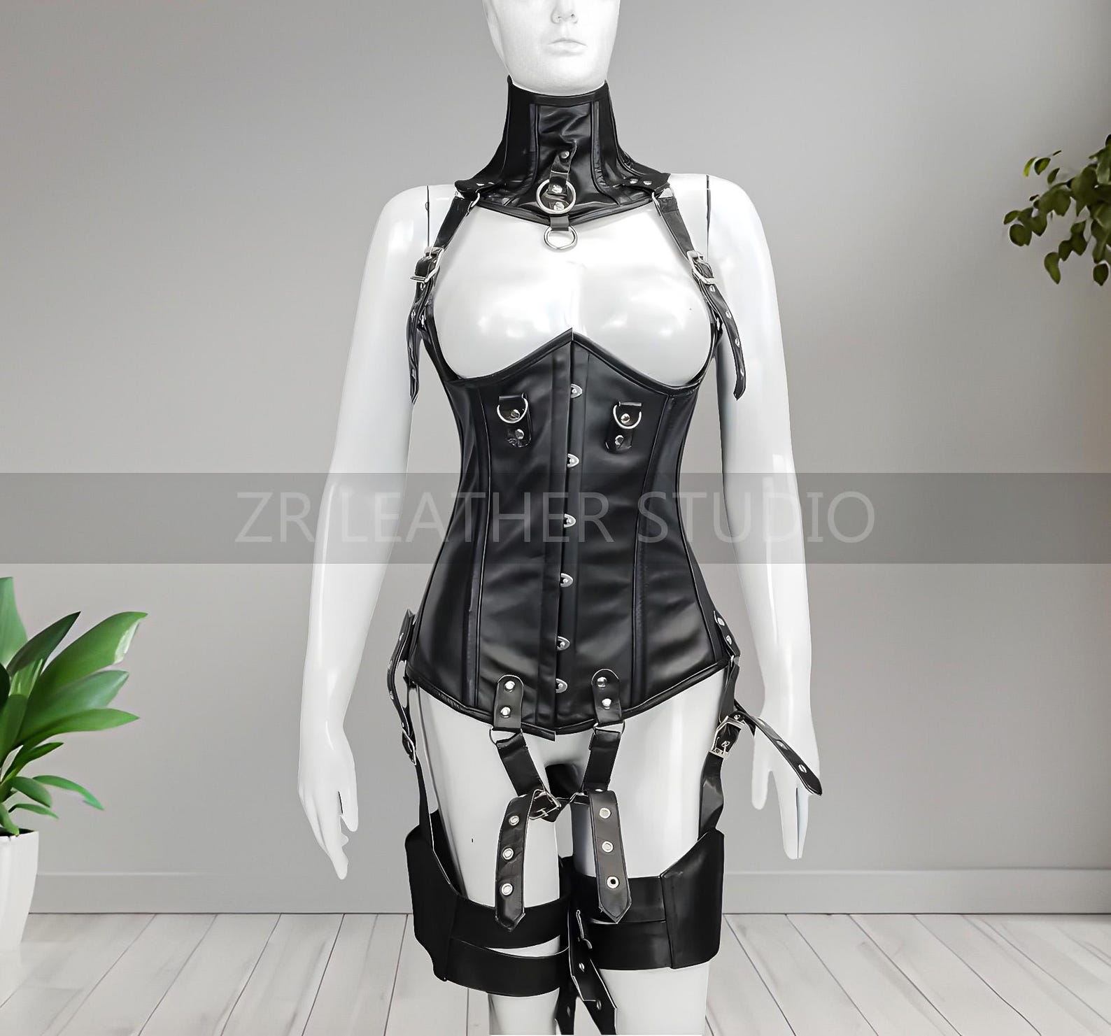 Women s Leather Corset Harness Set BDSM Clubwear Lingerie Etsy