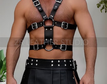 Handmade Black Leather Gladiator Kilt with Harness | Men's Gothic Warrior Costume