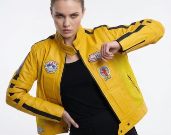 Kill Bill The Bride-cosplayjas, gele leren jas Beatrix Kiddo, damesmotorjas
