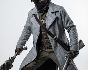 BloodBorne Hunter-cosplayjas, grijze lange katoenen jas, trenchcoat videogame