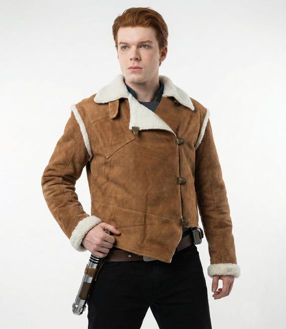 Cal Kestis Jedi Survivor Jacket, Suede Leather Shearling Faux Fur