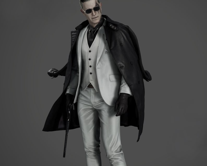 May include: A figure in a light grey suit, white waistcoat, and black overcoat, holding a black cane. The figure wears black gloves and sunglasses. The background is a solid grey.