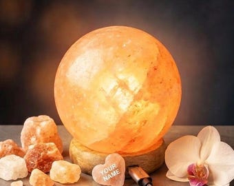 Himalayan Salt Sphere Lamp | Custom Name Heart Gift | USB Crystal Ball Light | Authentic Pink Salt Globe | Healing Desk Decor