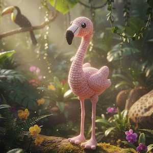 May include: A pink crocheted flamingo stands on a mossy log in a lush jungle setting. The flamingo has a black beak and long, slender legs. A toucan perches on a branch in the background, surrounded by vibrant green foliage and colorful flowers.