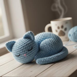 Puede incluir: Un juguete de gato de ganchillo azul claro, acurrucado y durmiendo, con los ojos cerrados y una nariz rosa. El gato está sobre una superficie de madera, con una taza y un ovillo de lana en el fondo.