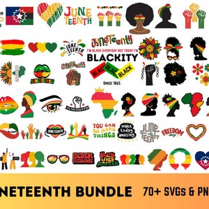 May include: A selection of Juneteenth-themed graphics in red, yellow, green, and black. The designs include hearts, fists, silhouettes, and text such as "Juneteenth" and "Black Lives Matter". The image also includes the text "Juneteenth Bundle 70+ SVGs & PNGs".