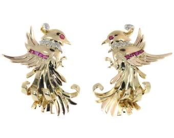 Vintage Retro 18 Karat Gold Diamond and Ruby Earrings Clips, 1950s