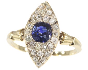 Early Victorian Diamond and Natural Blue Sapphire Engagement Ring, 1840s - FREE Resizing*