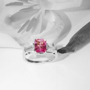 Vintage rubelite and diamond platinum engagement ring
