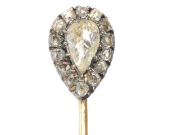 Antiguo pin de corbata de diamantes de oro victoriano y plata talla rosa, década de 1870