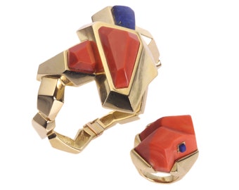 Vintage Seventies Pop-Art Matching Set Gold Bracelet and Ring with Coral and Lapis Lazuli, 1970s - FREE Resizing*