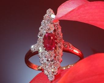 Antique Victorian Ruby Diamond Ring, 18K Red Gold