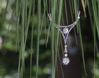 Art Deco Belle Epoque Pendant with Big Brilliants and Calibrated Sapphires, 1920s