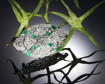 Art Deco platinum diamond and emerald brooch with almost 7.00 crts of total diamond weight