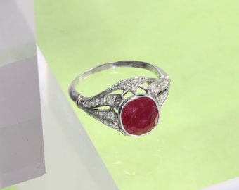 French Art Deco Diamond Engagement Ring with big Burmese Natural Ruby, 1920s - FREE Resizing*