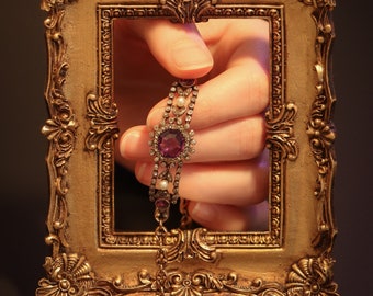 Charm Antique Gold Bracelet with Amethyst Diamonds and Pearls, 1860s